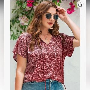 IN'VOLAND Plus Size Floral Print V Neck Short Sleeve Drawstring Blouse NWT 22